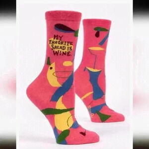BLUE Q MY FAVORITE SALAD IS WINE WOMEN'S SIZE 5 - 10 CREW SOCKS PINK BLUE YELLOW